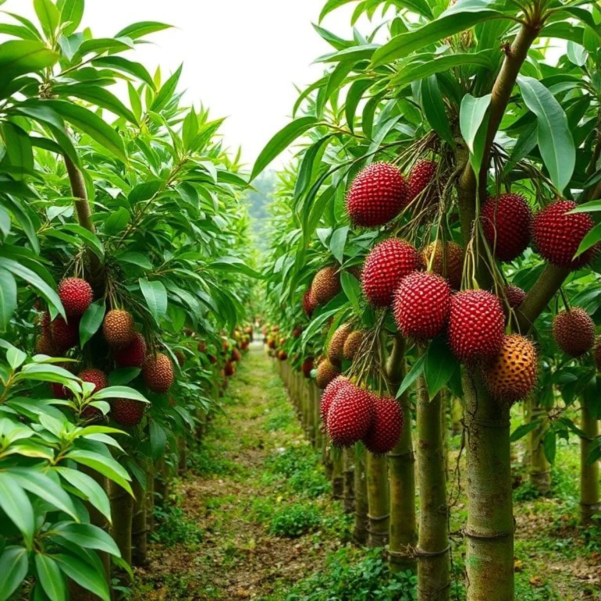 Zrównoważone rolnictwo rambutana, bujne zielone drzewa, ekologiczne zbiory, zdrowy ekosystem.