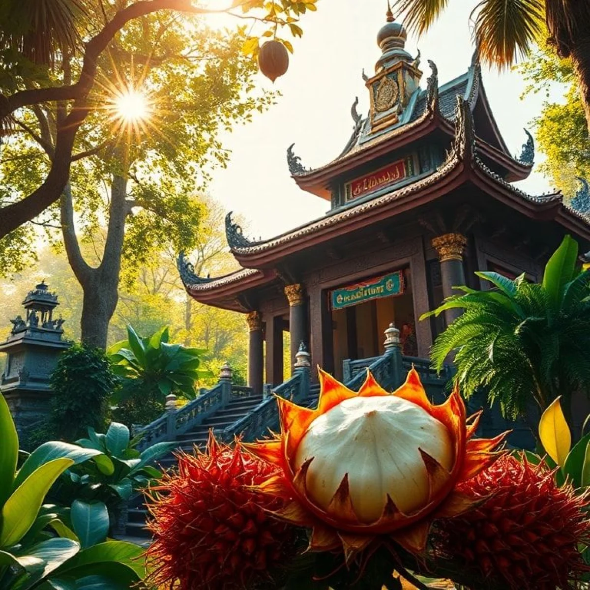 Egzotyczny owoc rambutana, starożytna azjatycka świątynia, boskie złote światło.