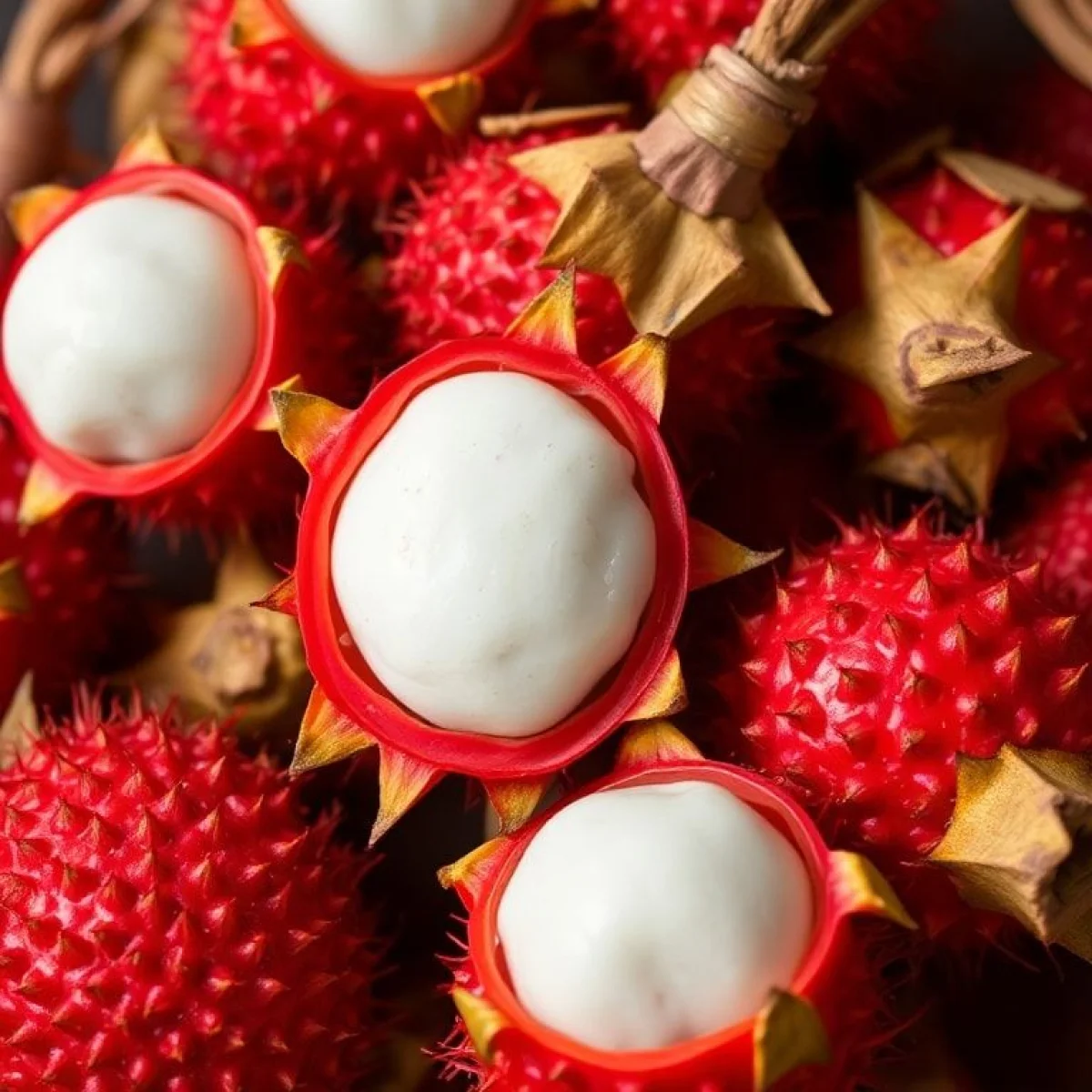 Zbliżenie na jaskrawoczerwone rambutany, ukazujące ich kolczasty wygląd zewnętrzny i soczysty biały miąższ.