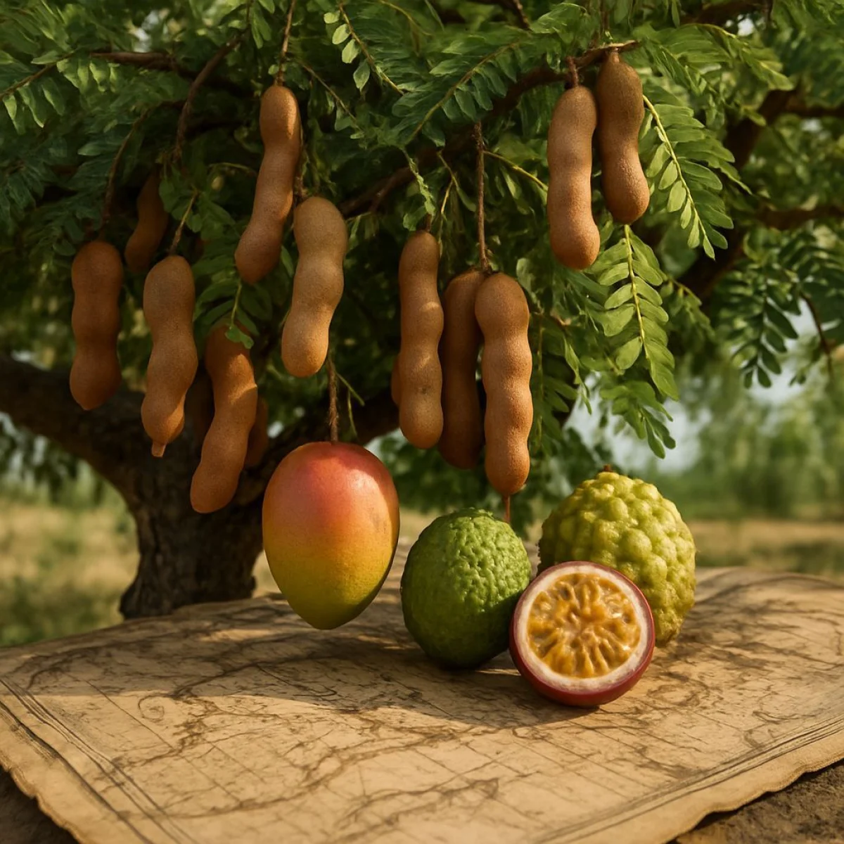 Drzewo tamaryndowca z egzotycznymi owocami, starożytna mapa, podróż.