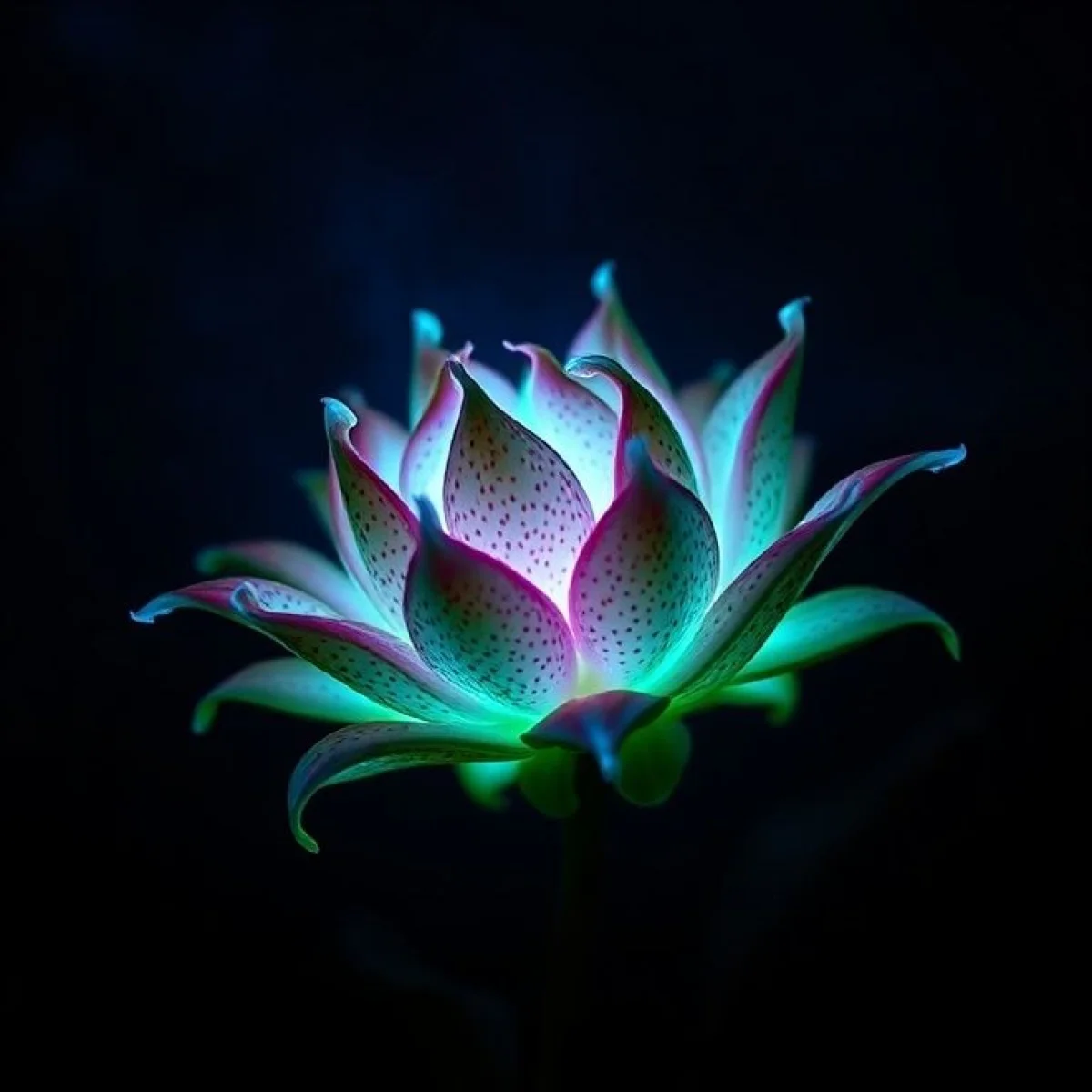 Kwiat smoczego owocu świecący w ciemności, mistyczna poświata, ciemne tło.