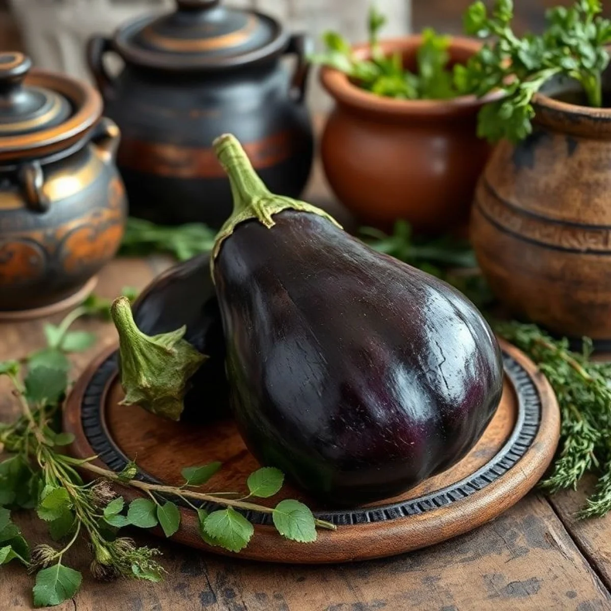 Bakłażan na rustykalnym polskim stole, otoczony tradycyjną ceramiką i ziołami.