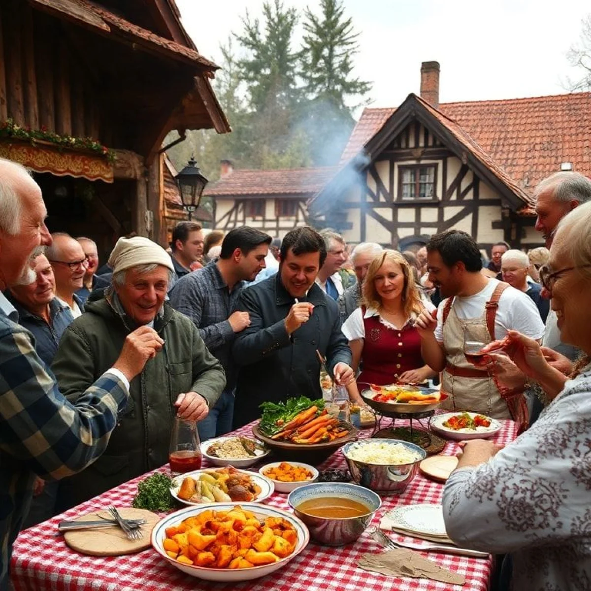 Staropolskie wiejskie święto, żywa atmosfera, tradycyjne jedzenie, ludzie świętujący.