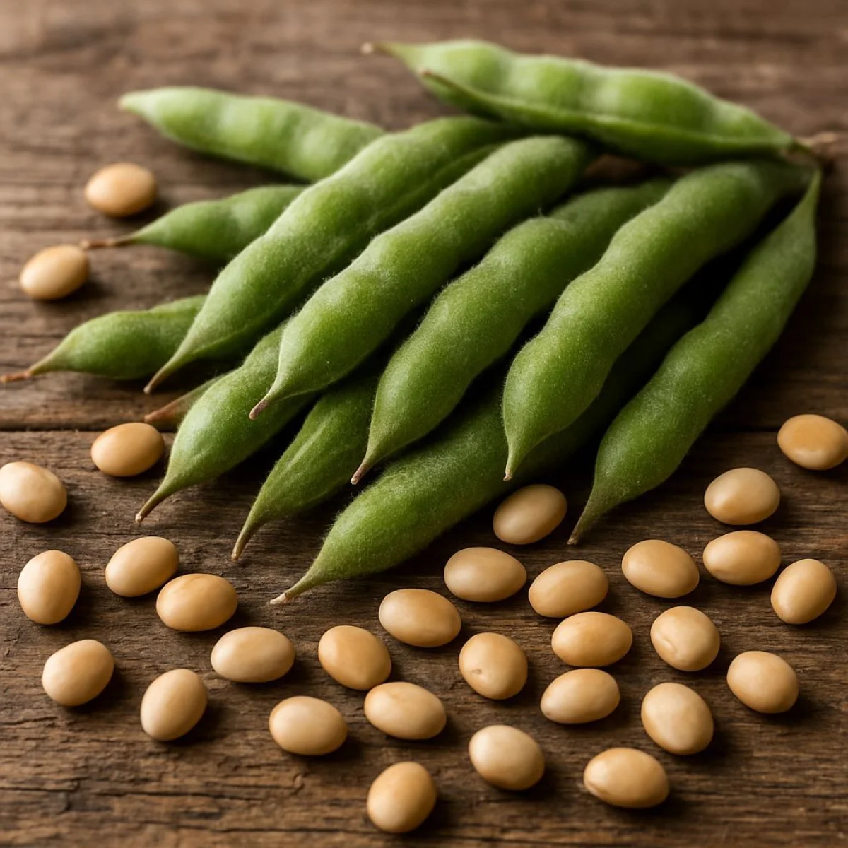 Strąki łubinu na rustykalnym drewnianym stole, modne zdrowe jedzenie.