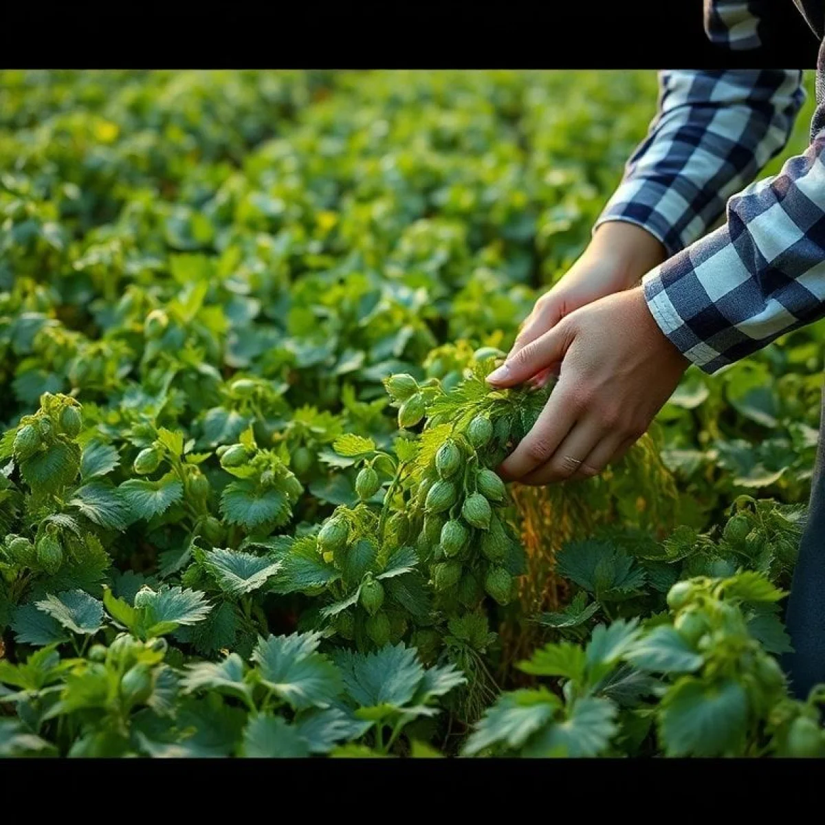 Zbi&oacute;r pęd&oacute;w chmielu na bujnym, zielonym polu.