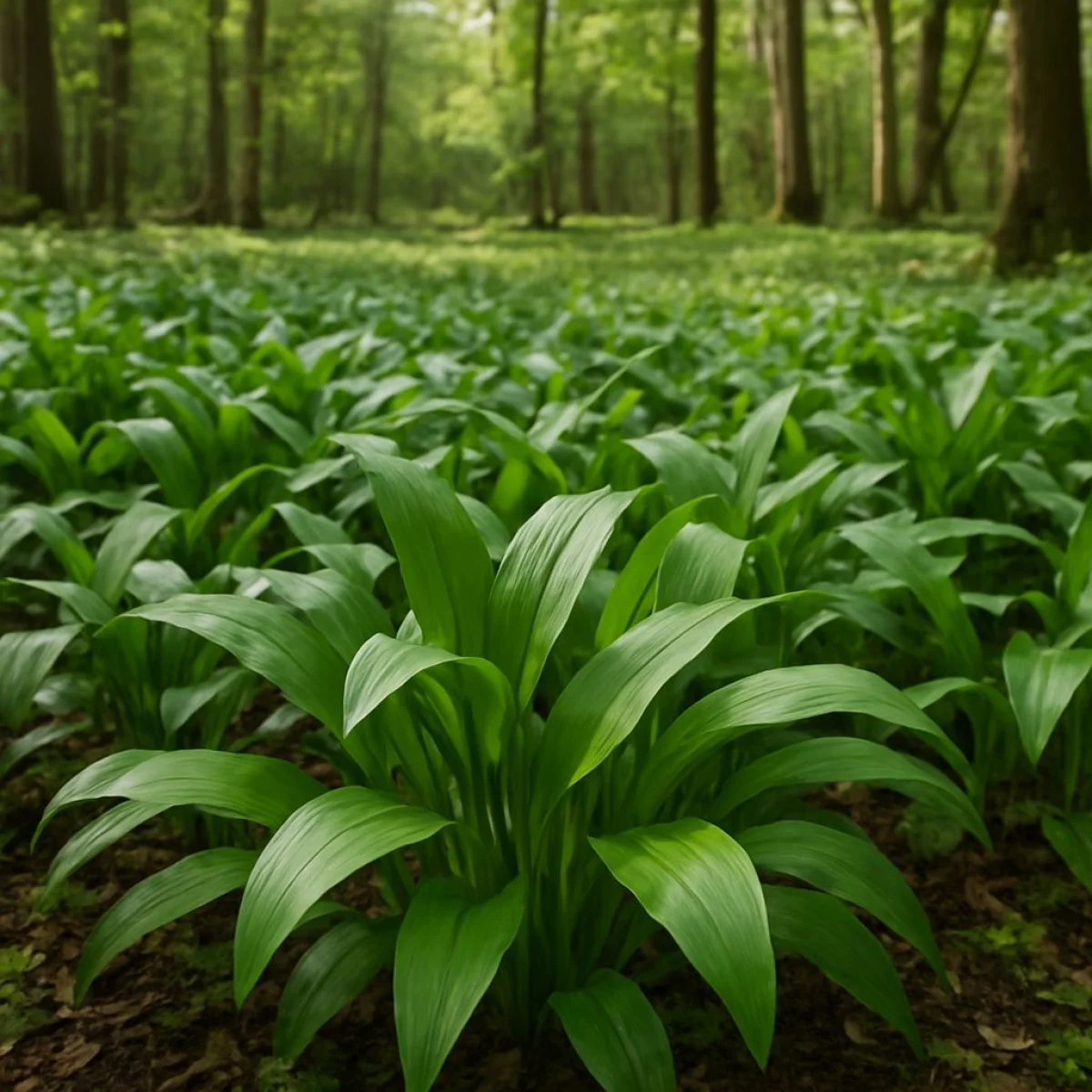 Rośliny dzikiego czosnku rosnące na leśnej polanie, zdrowe i żywotne.