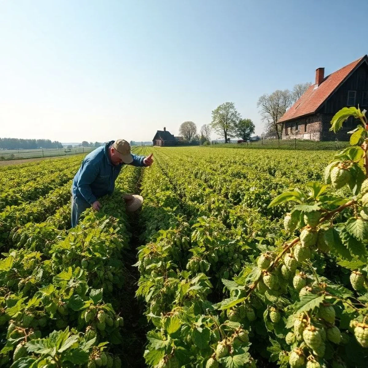 Pole chmielu wiosną, rolnicy zbierający świeży chmiel, tradycyjna polska wieś.