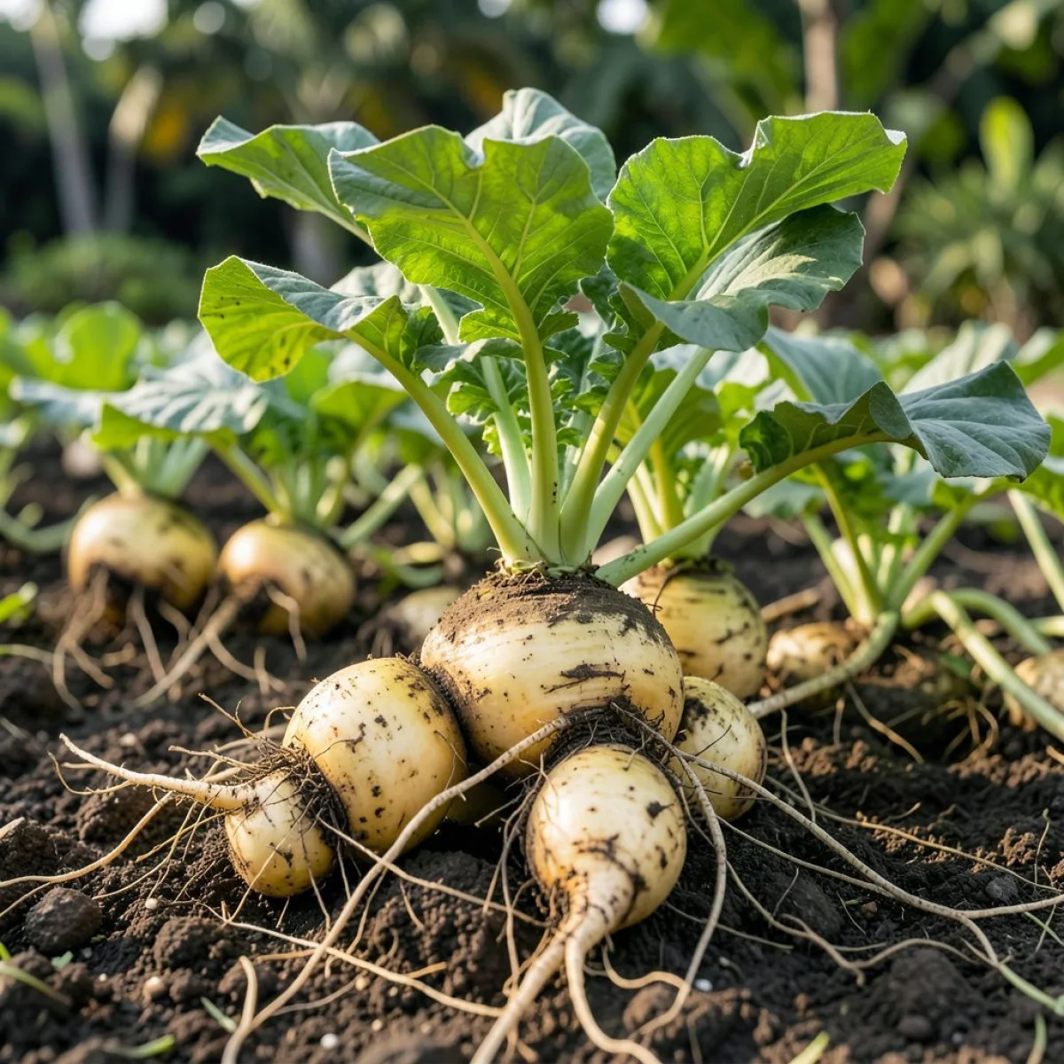 Warzywo korzeniowe Amorphophallus konjac, starożytna uprawa, pochodzenie wschodnioazjatyckie.