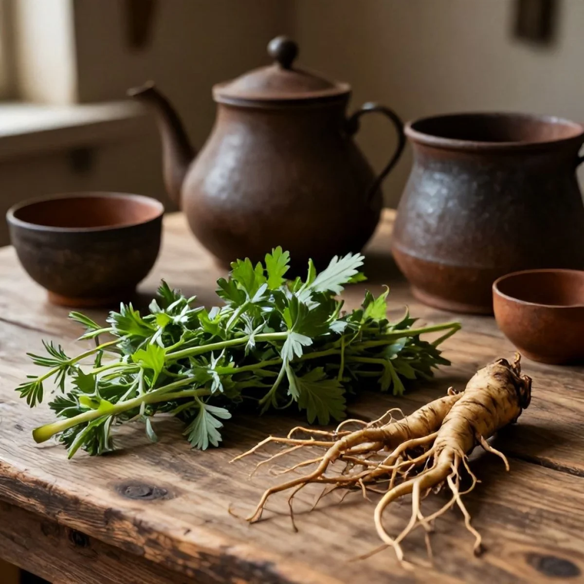 Średniowieczna scena kuchenna, zioła, korzenie i rustykalne naczynia na drewnianym stole.