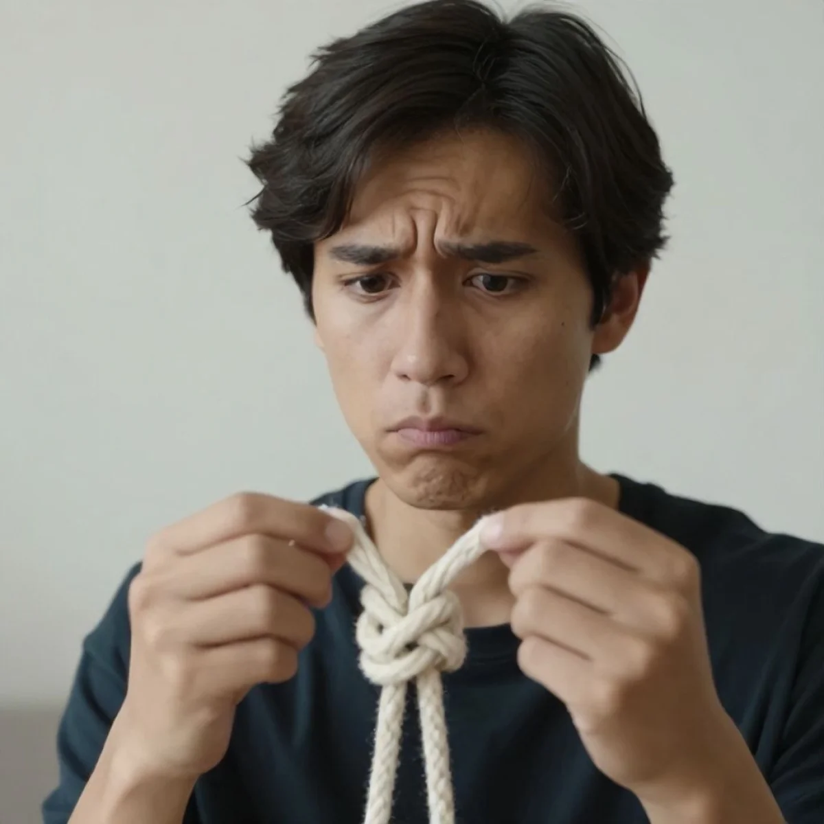 Osoba patrząca ze zmieszaniem na skomplikowany, splątany węzeł.