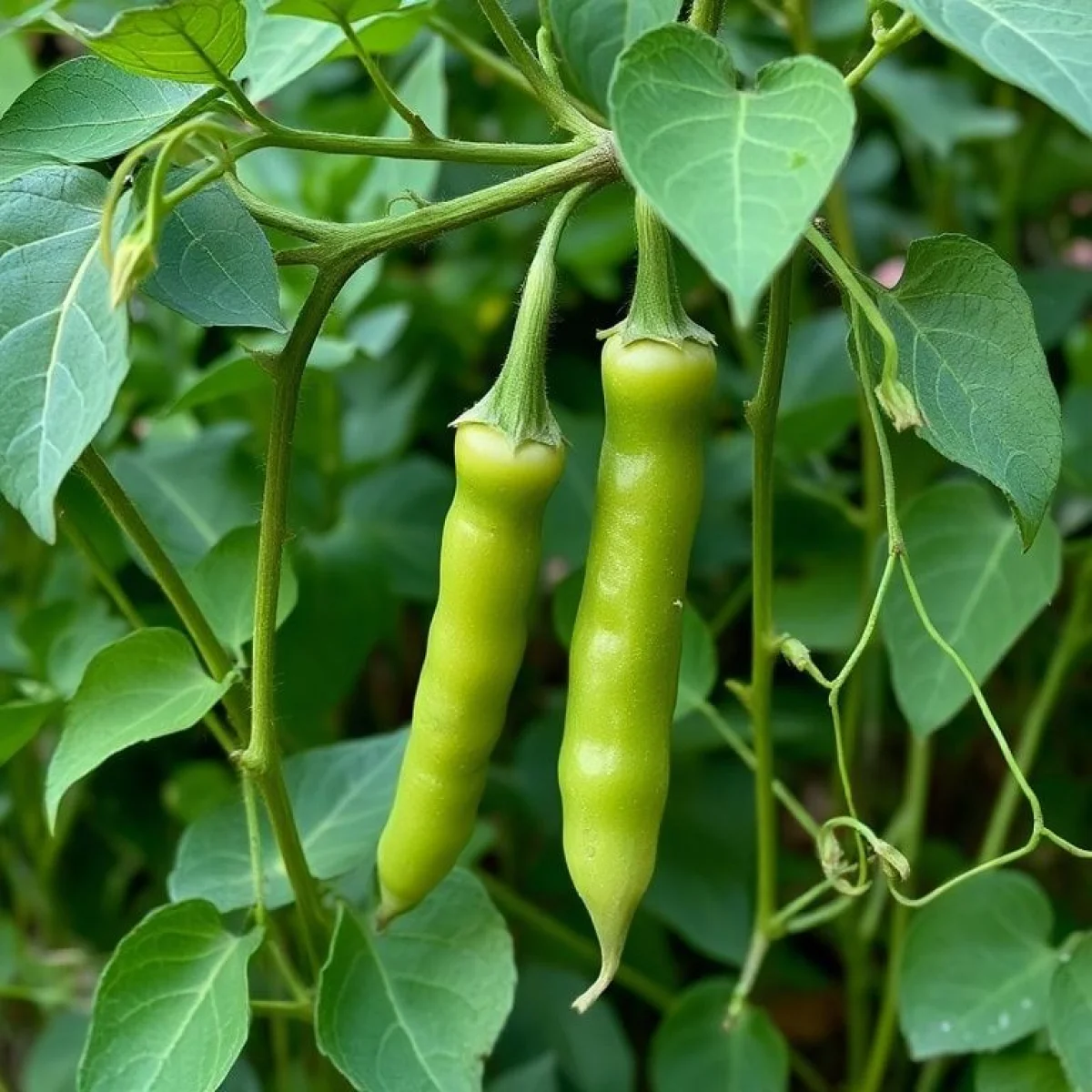 Roślina grochu z widocznymi strąkami, liśćmi i wąsami.