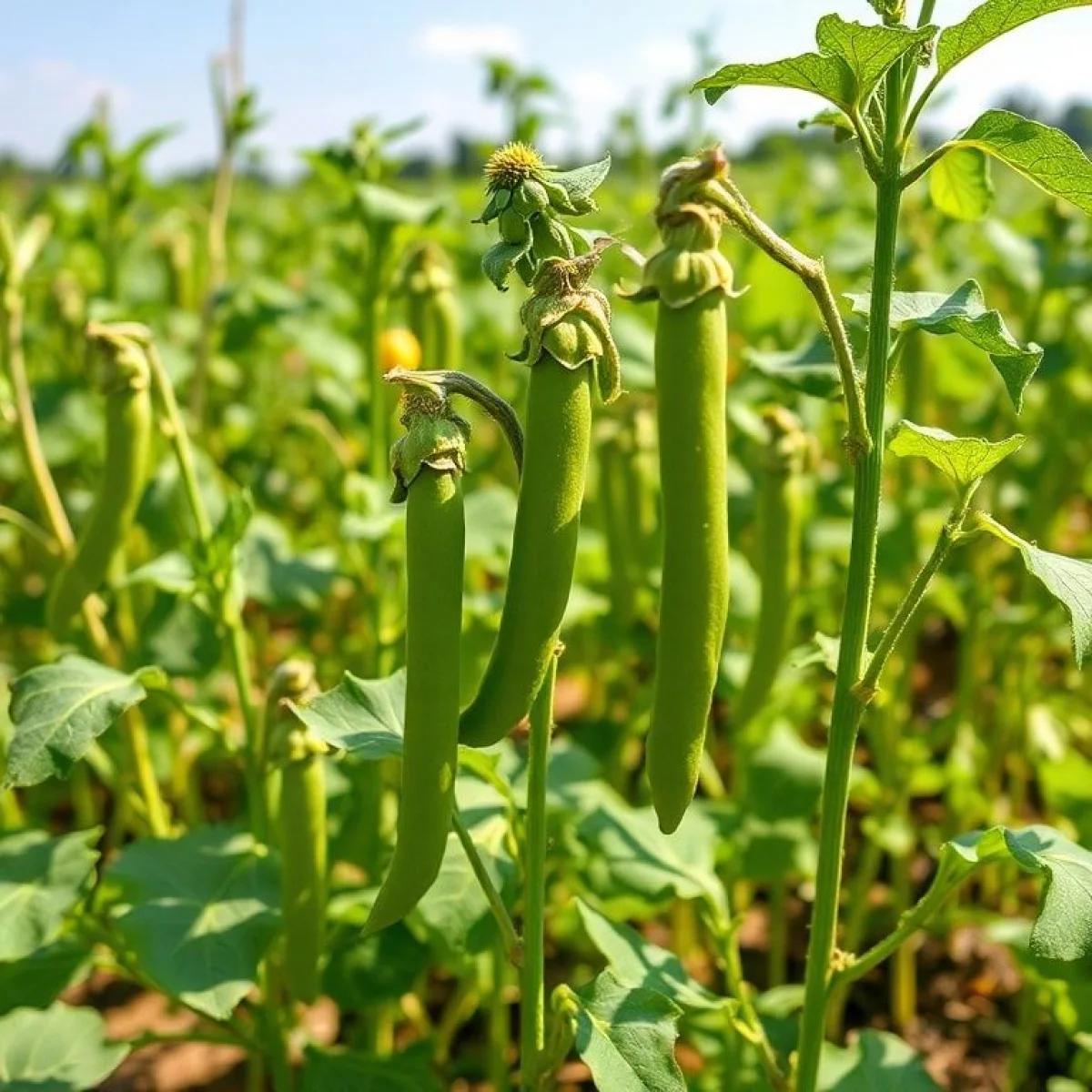 Roślina grochu na słonecznym polu, idealne warunki do wzrostu, zdrowe zielone strąki.