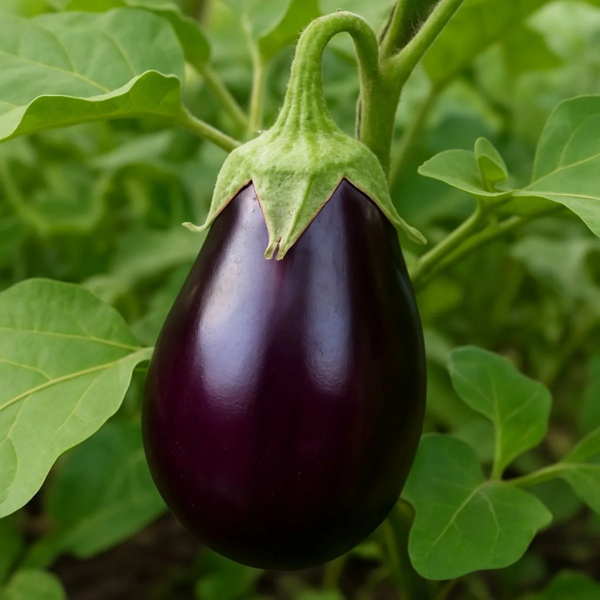 Dojrzały fioletowy bakłażan rosnący na zielonej roślinie, zbliżenie, ogr&oacute;d botaniczny.