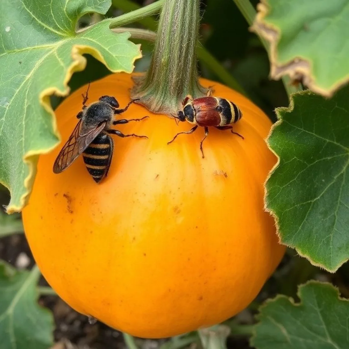 Ćma i chrząszcz na pnączu dyni, więdnące liście, chora dynia.