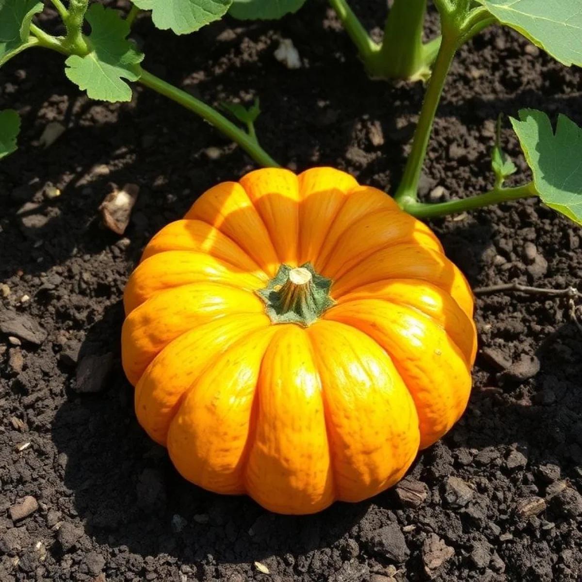 Jaskrawo pomarańczowa, dojrzała dynia rosnąca w żyznej, ciemnej ziemi, w nasłonecznionym ogrodzie.