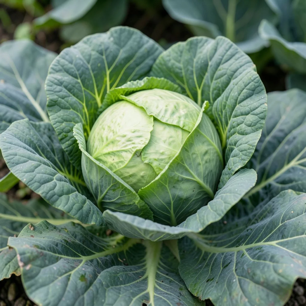 Botaniczne cechy gł&oacute;wki kapusty, zbliżenie, szczeg&oacute;łowe liście.