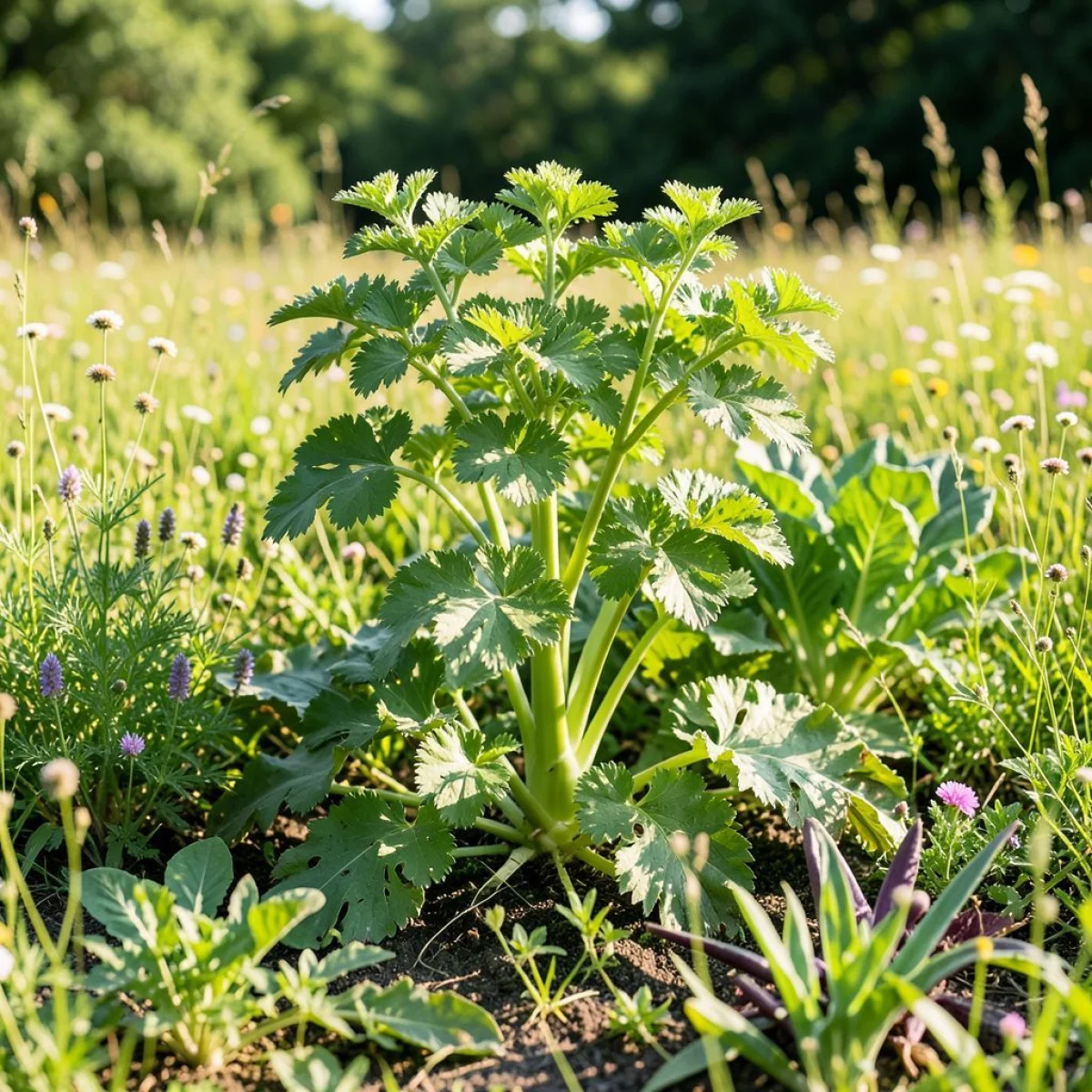 Dzika seler rosnący na słonecznej łące, zioła i warzywa.