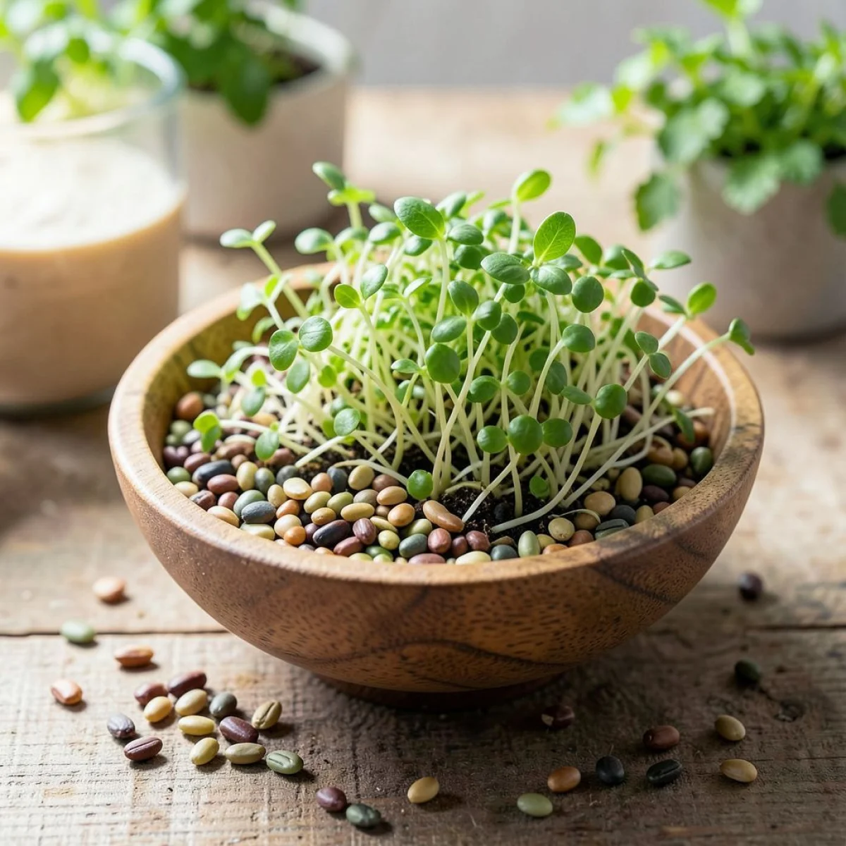 Bogate w składniki odżywcze nasiona i kiełki w drewnianej misce, koncepcja zdrowej żywności.