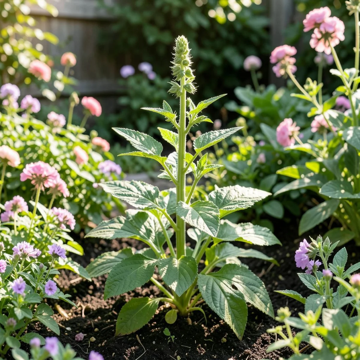 Kwiat Płomyk (pusty łodyga) w słonecznym, przydomowym ogrodzie.