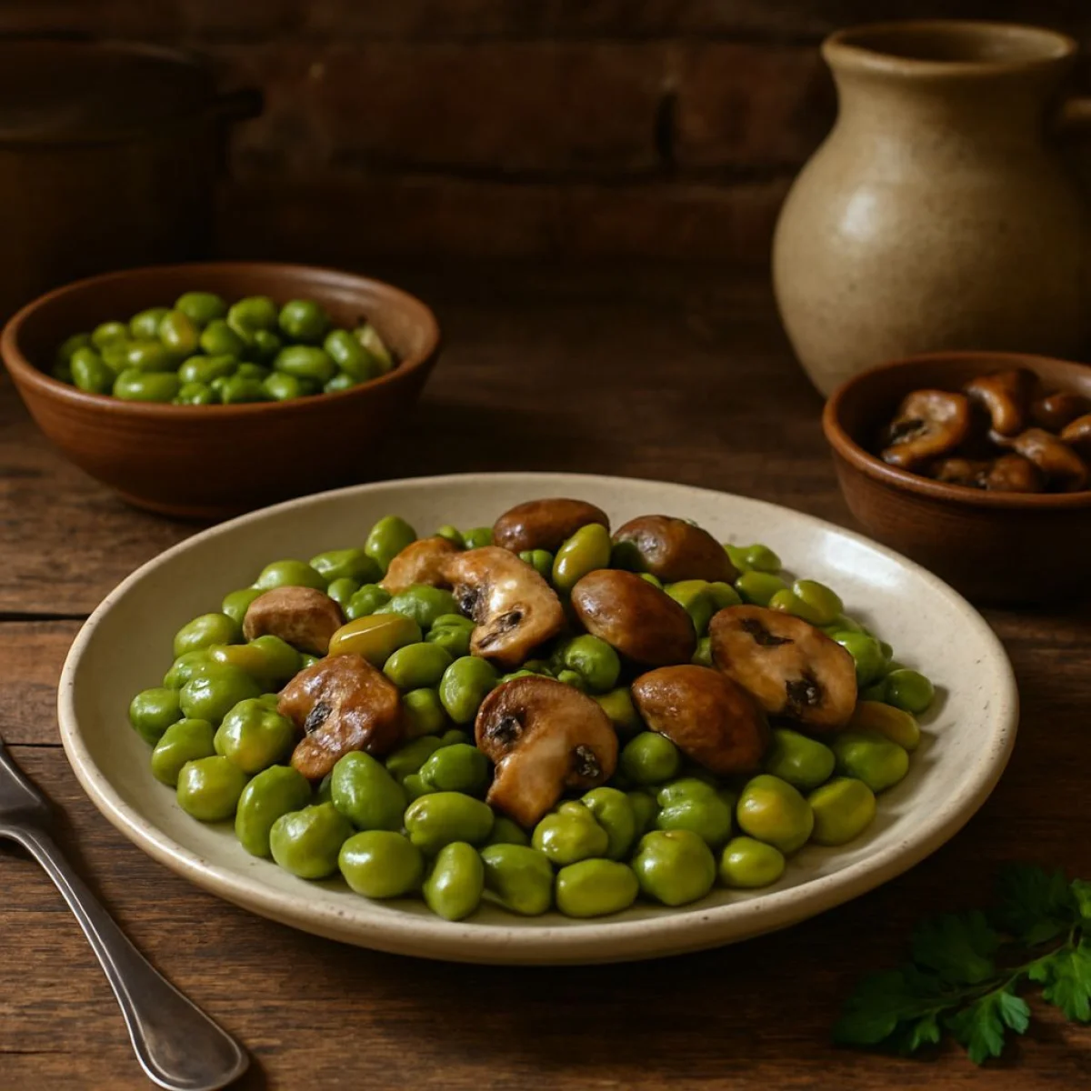 Grzyby huba staropolska, podawane jak warzywa, w rustykalnej kuchni.