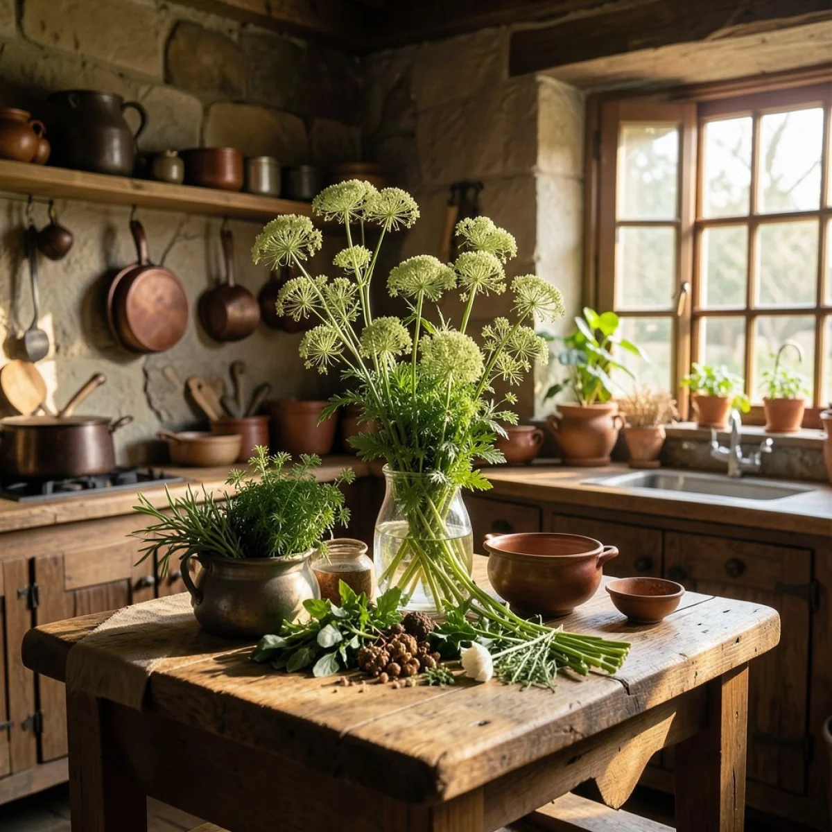 Średniowieczna kuchnia z ziołami, z naciskiem na hyzop, ciepłe oświetlenie, historyczna dokładność.