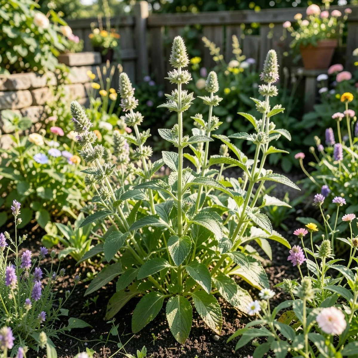 Hyssop rosnący w rustykalnym, nasłonecznionym ogrodzie ziołowym.
