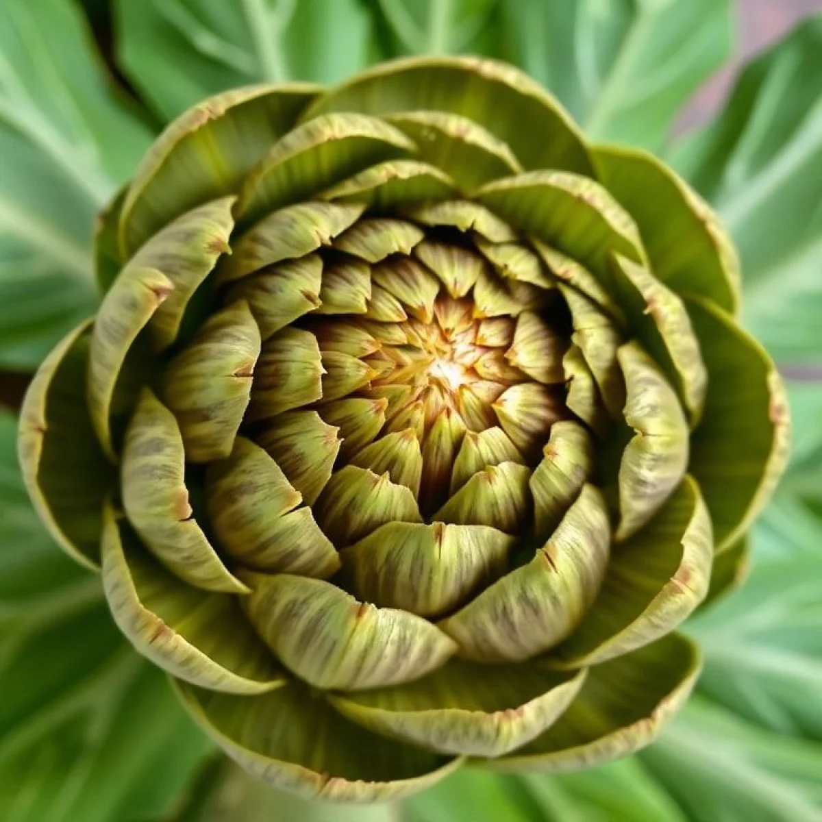 Serce i liście karczocha, jadalne części, zbliżenie, żywa zieleń.