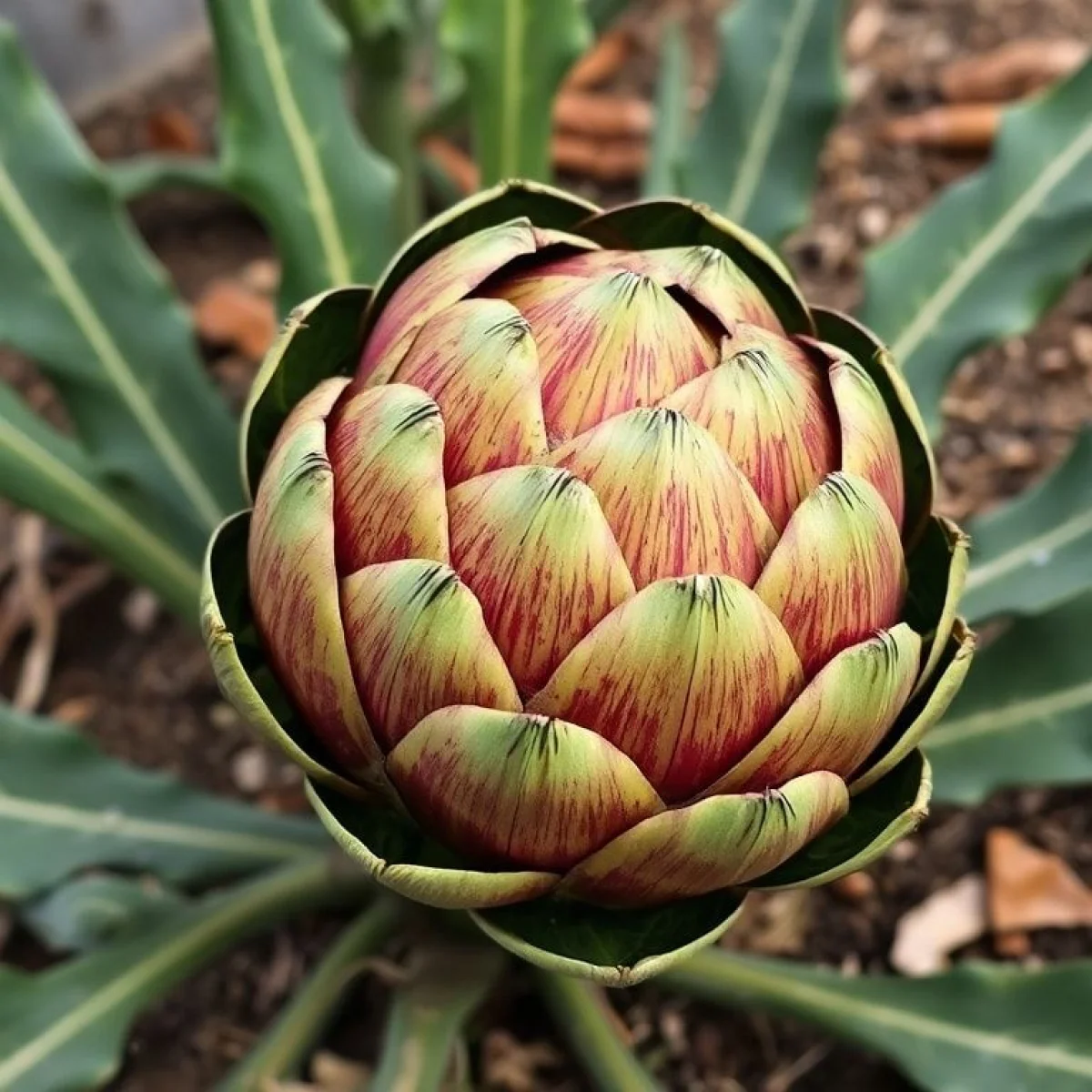 Roślina karczocha ze znakami zapytania, zbliżenie, rustykalne otoczenie ogrodu.