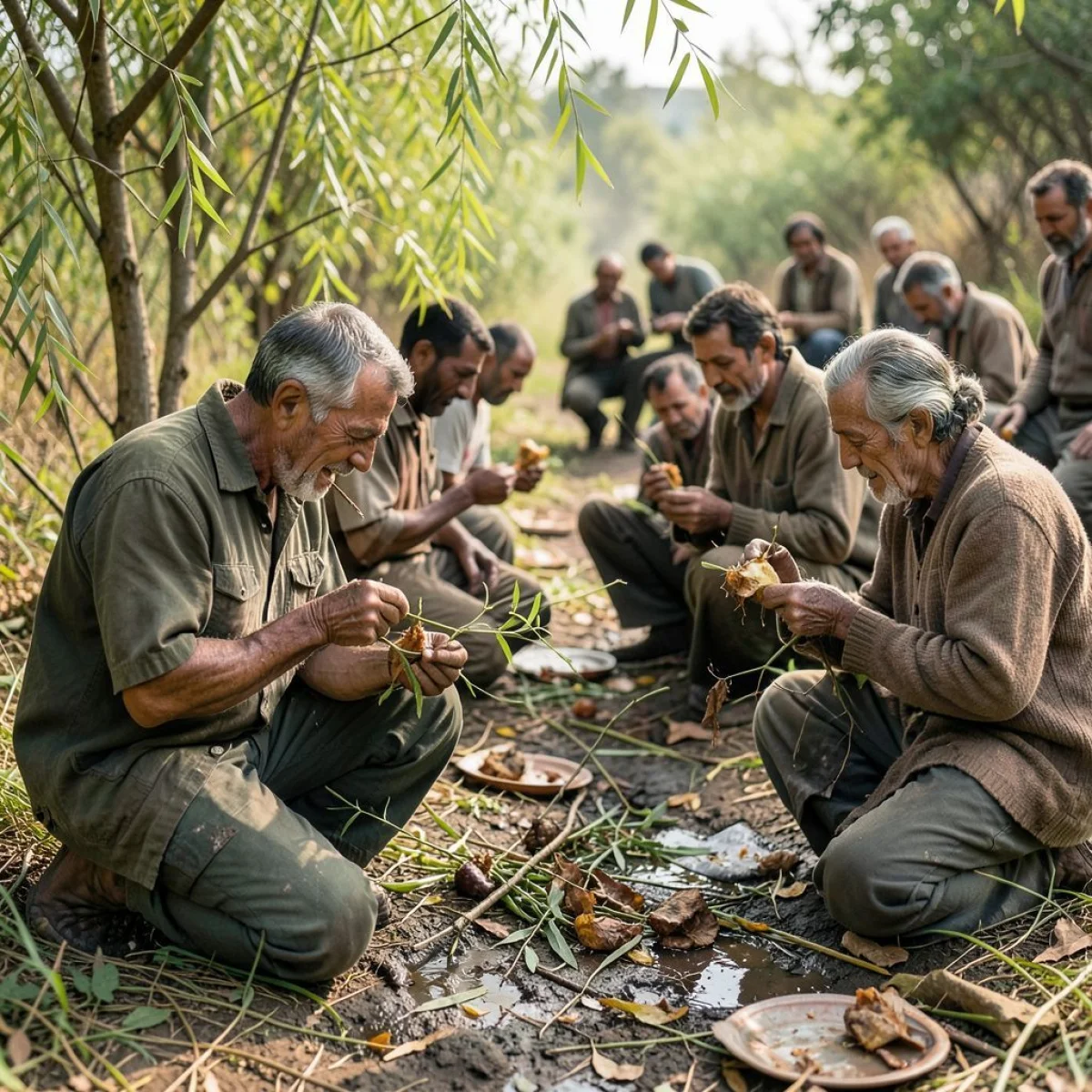 Gałęzie wierzby Salix, jedzący głodni ludzie, przetrwanie głodu.
