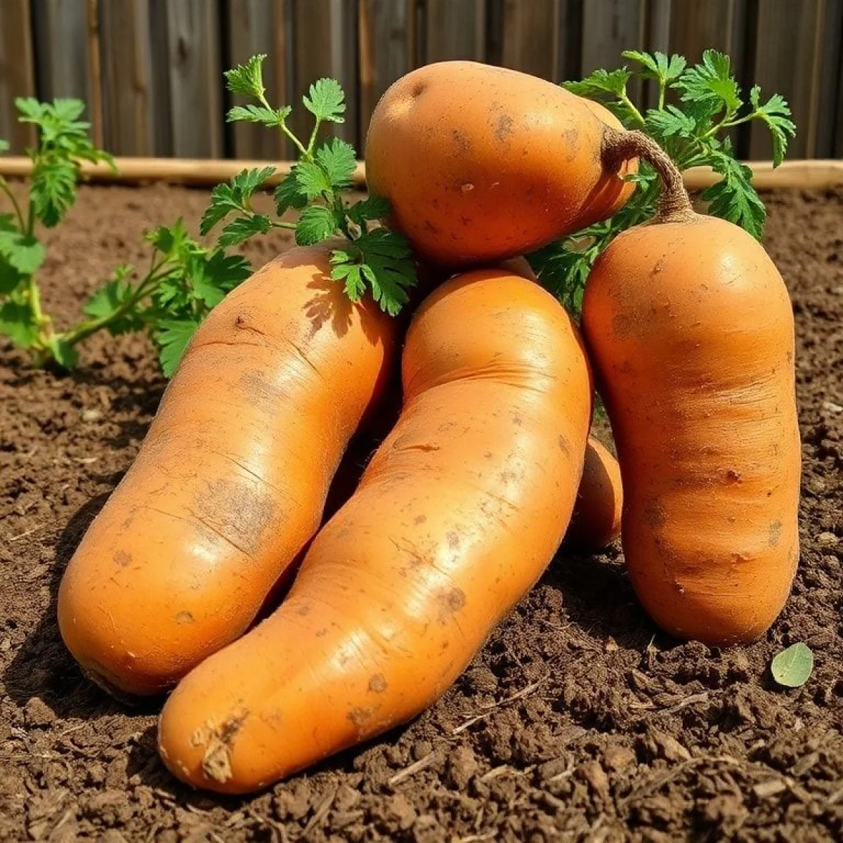 Odmiana batata, jaskrawo pomarańczowy miąższ, rustykalne tło farmy, naturalne światło.