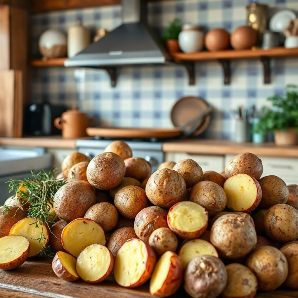Bataty w rustykalnej kuchni, gotowe do przygotowania potrawy.
