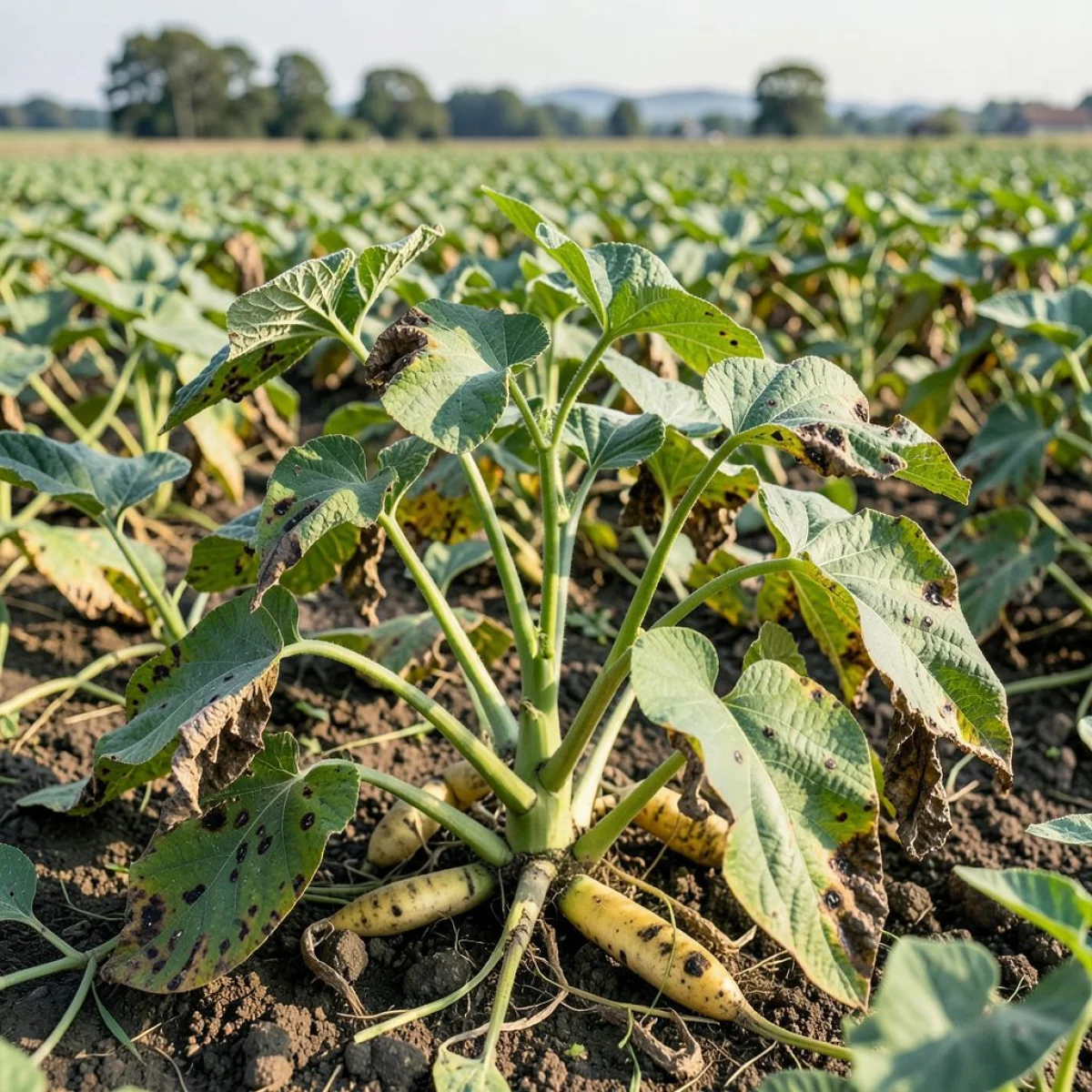 Chore rośliny ziemniaków, więdnące liście, ciemne plamy, pole uprawne.