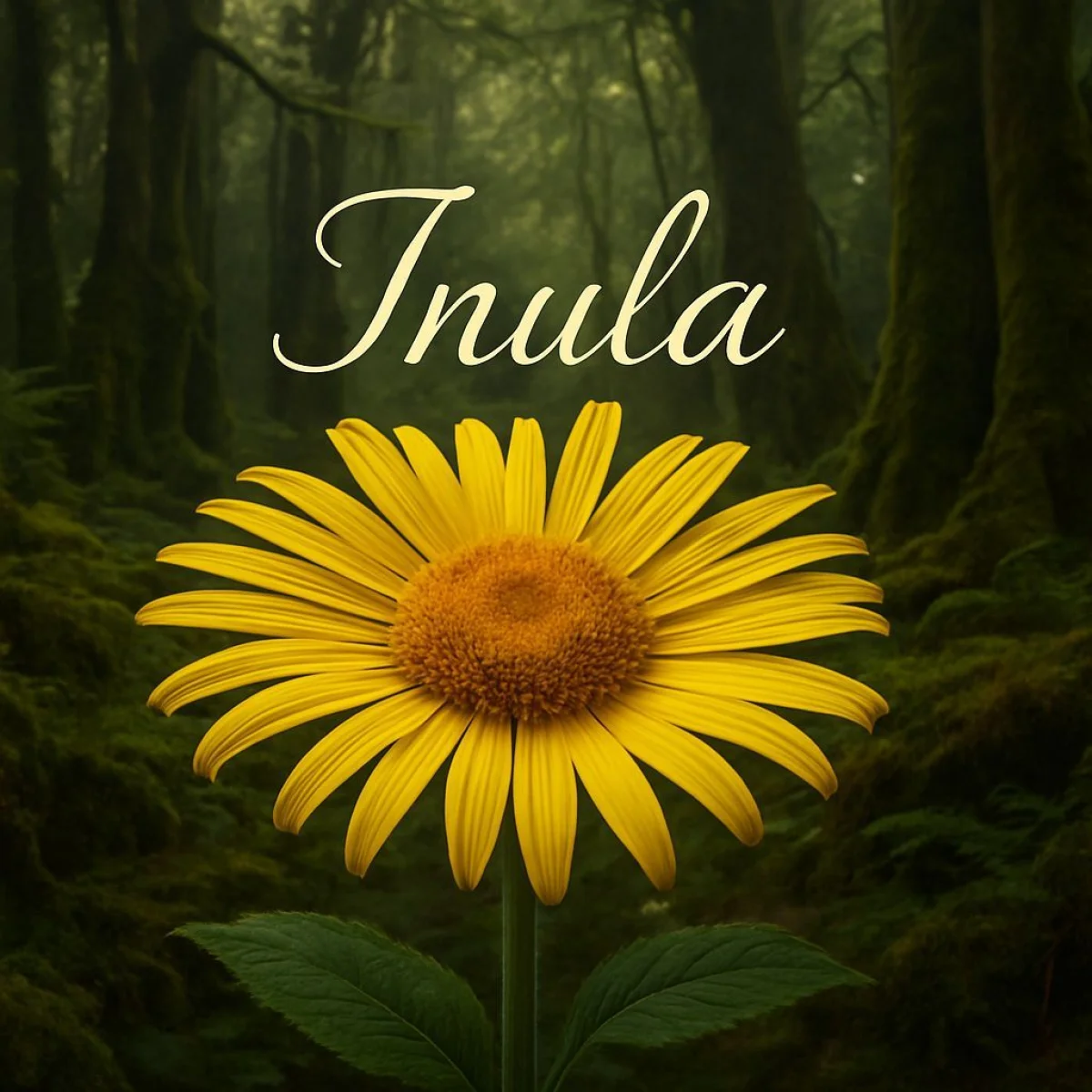 Wielki ż&oacute;łty kwiat, "Inula" eleganckim pismem, tło starożytnego lasu.
