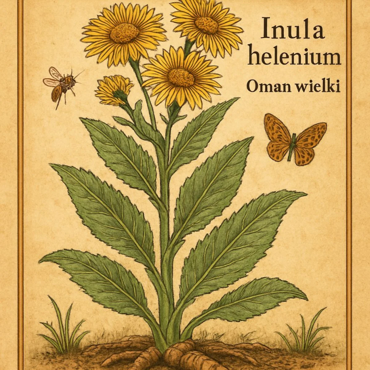 Kwiat omanu wielkiego z żółtymi koszyczkami na zielonych łodygach wśród łąk