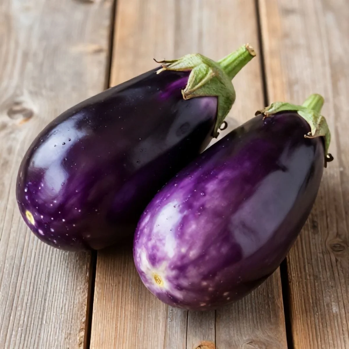 Fioletowy bakłażan na rustykalnym drewnianym stole, ukazujący jego wartości odżywcze.