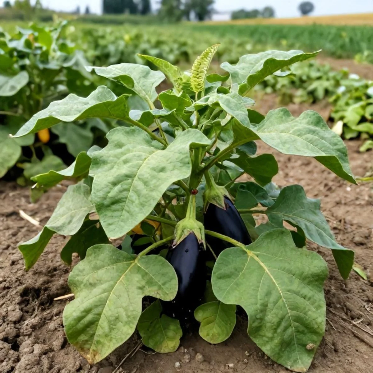 Bakłażany rosnące na krzaku, tradycyjna polska wieś.