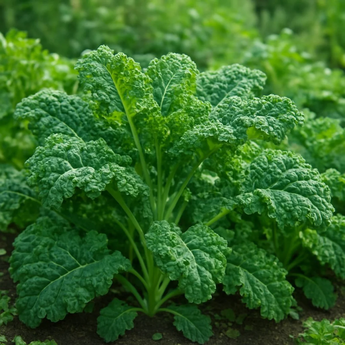 Jarmuż rosnący w bujnym ogrodzie, żywozielone liście, zdrowy i świeży.