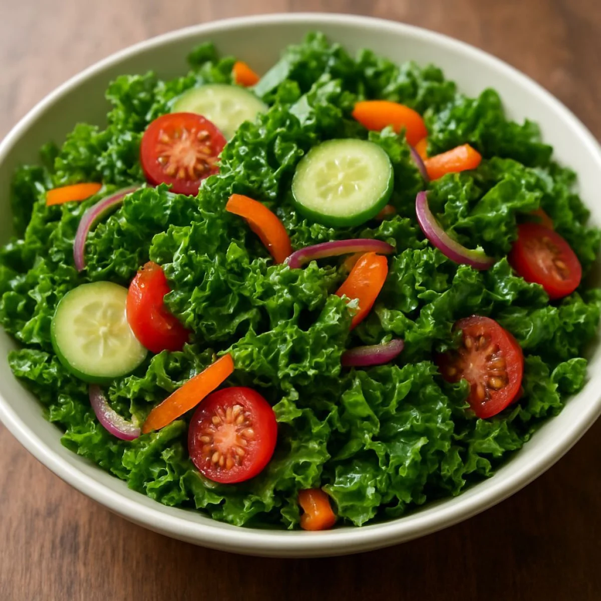 Jarmuż wrzucony do żywej, zdrowej sałatki ze świeżymi warzywami i lekkim dressingiem.