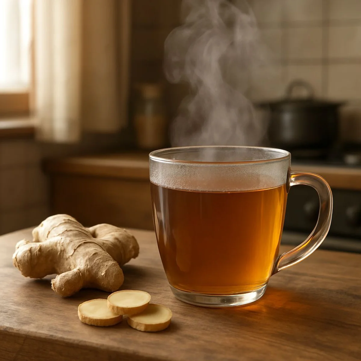 Ostra korzeń imbiru, wrząca woda, unosząca się para, przytulne kuchenne otoczenie.