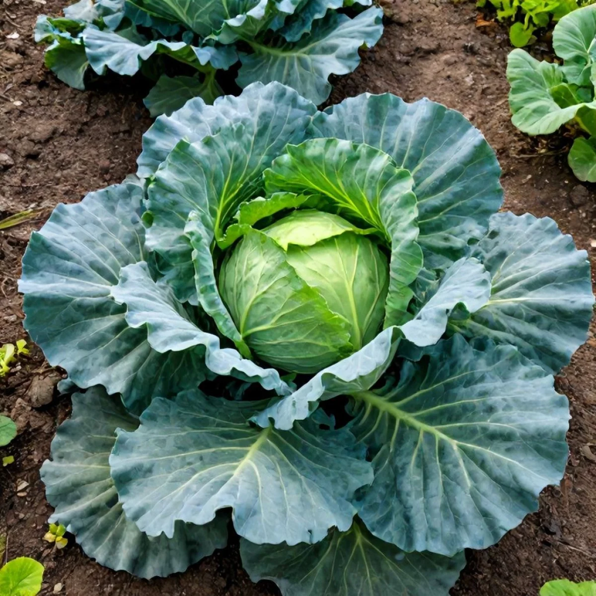 Zielona kapusta rosnąca na słonecznej grządce w ogrodzie.