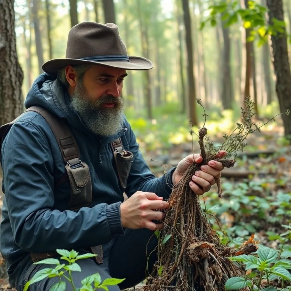 Zielarz w lesie, zbierający dzikie korzenie i rośliny lecznicze.