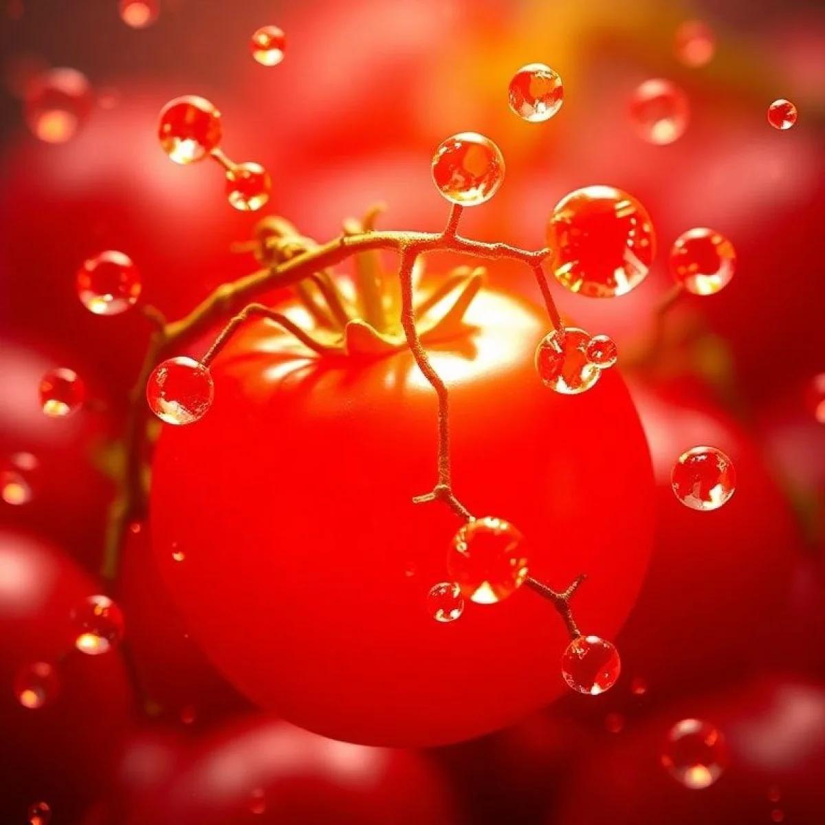 Cząsteczki likopenu w czerwonym pomidorze świecą, symbolizując moc antyoksydacyjną.