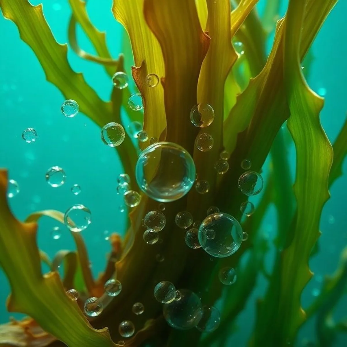Wodorosty z widocznymi cząsteczkami jodu unoszącymi się wok&oacute;ł nich.