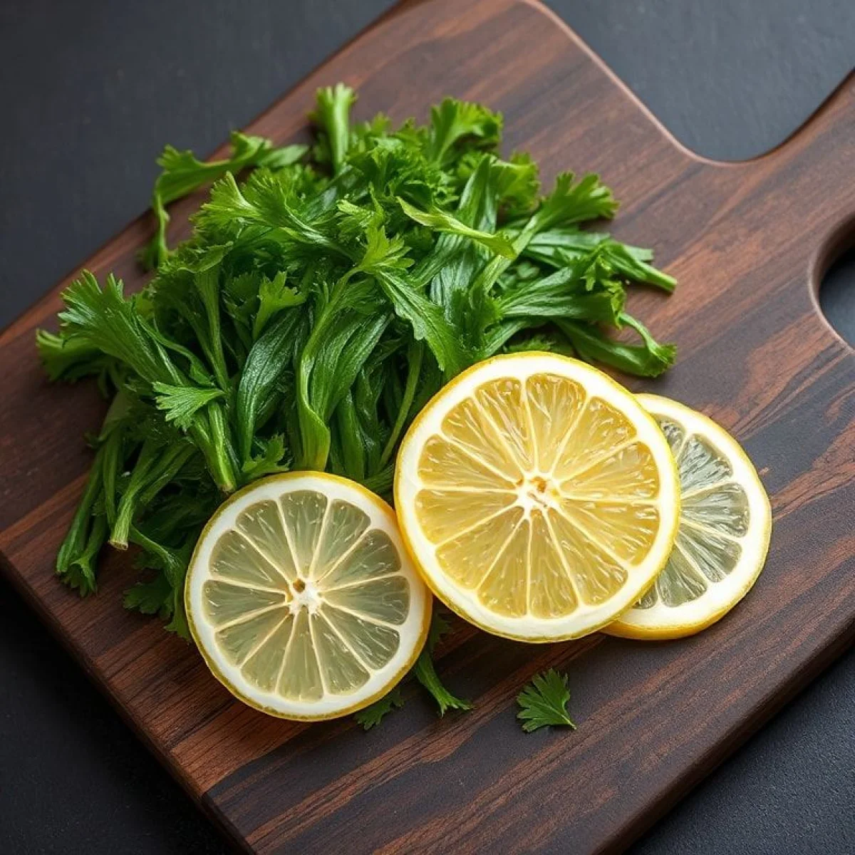 Wodorosty i plasterki cytryny na ciemnej drewnianej desce do krojenia.