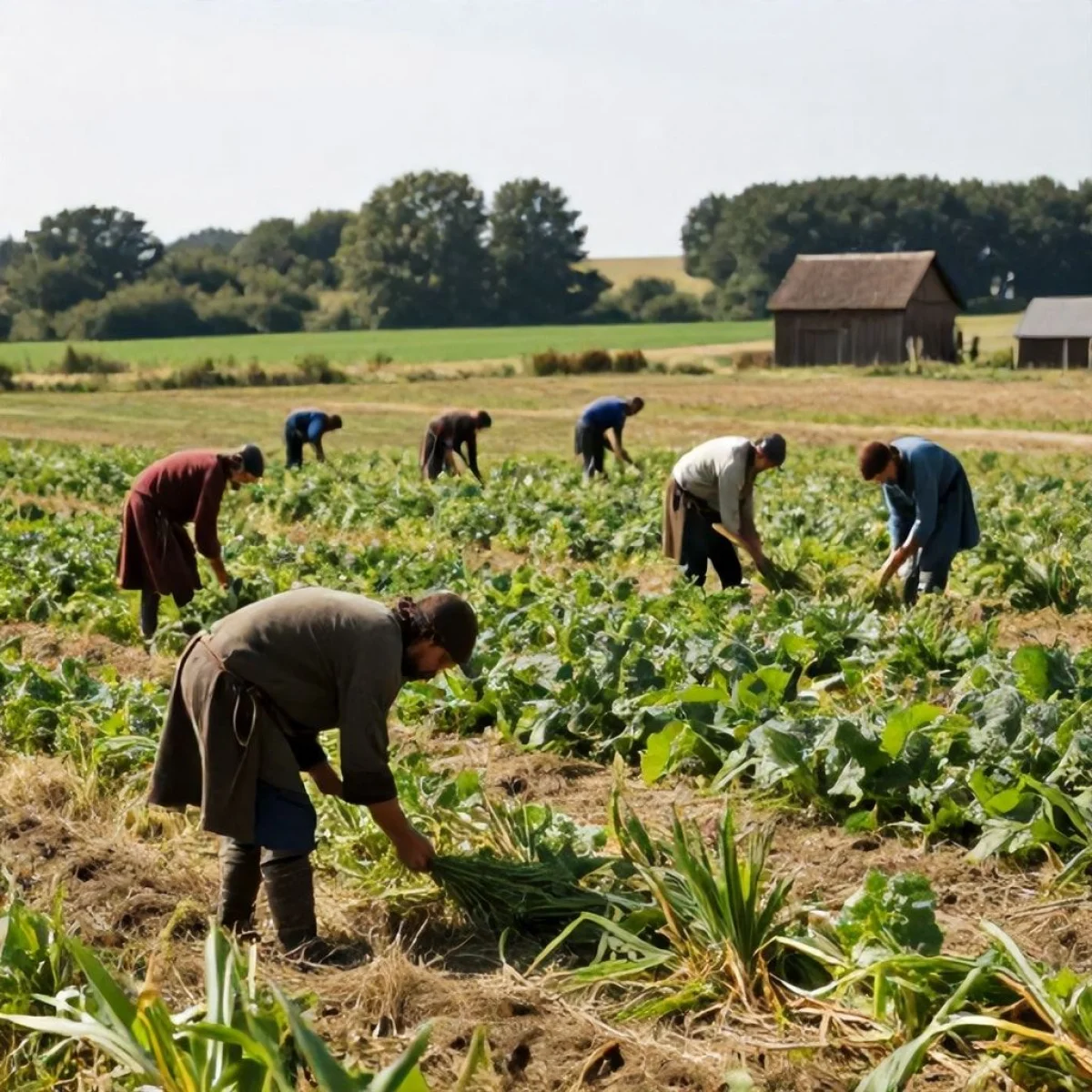 Średniowieczne polskie pole z roślinami lędźwianu, rolnicy zbierający plony.