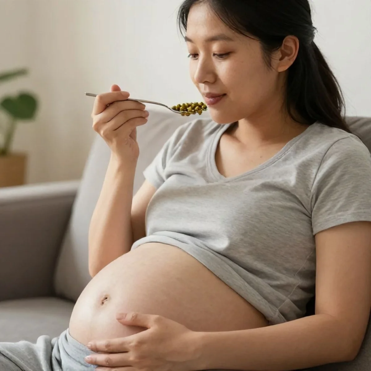 Ciężarna kobieta jedząca fasolkę mung, symbolizując zdrową ciążę i składniki odżywcze.