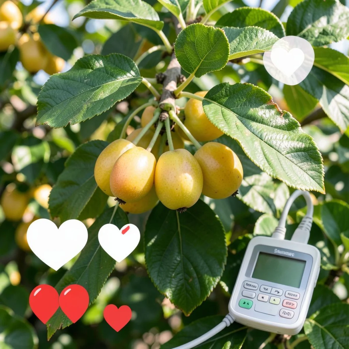 Roślina miechunka, dojrzały owoc, symbole zdrowego serca, glukometr.