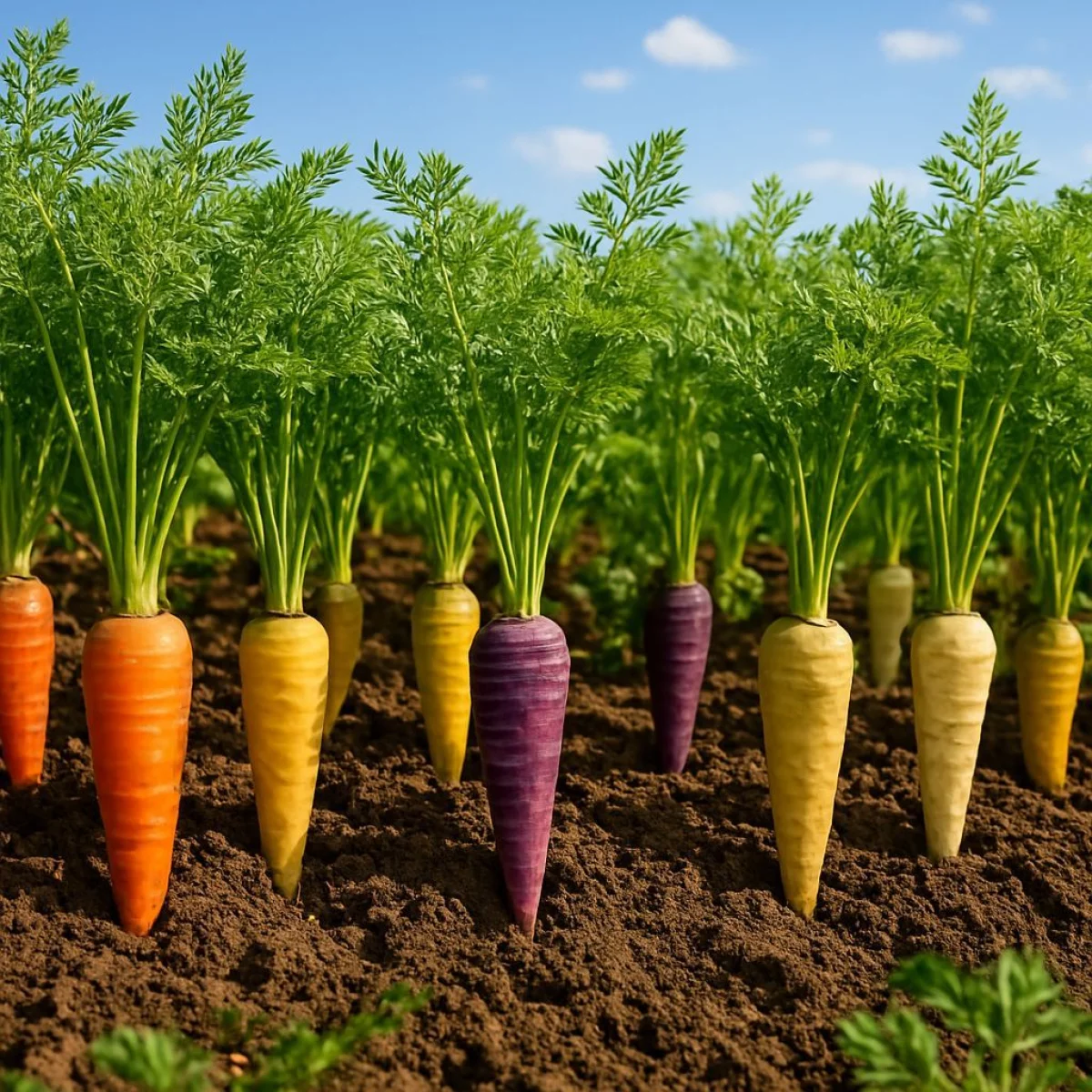 Pole marchwi z r&oacute;żnymi kolorowymi odmianami marchwi, słoneczny dzień.