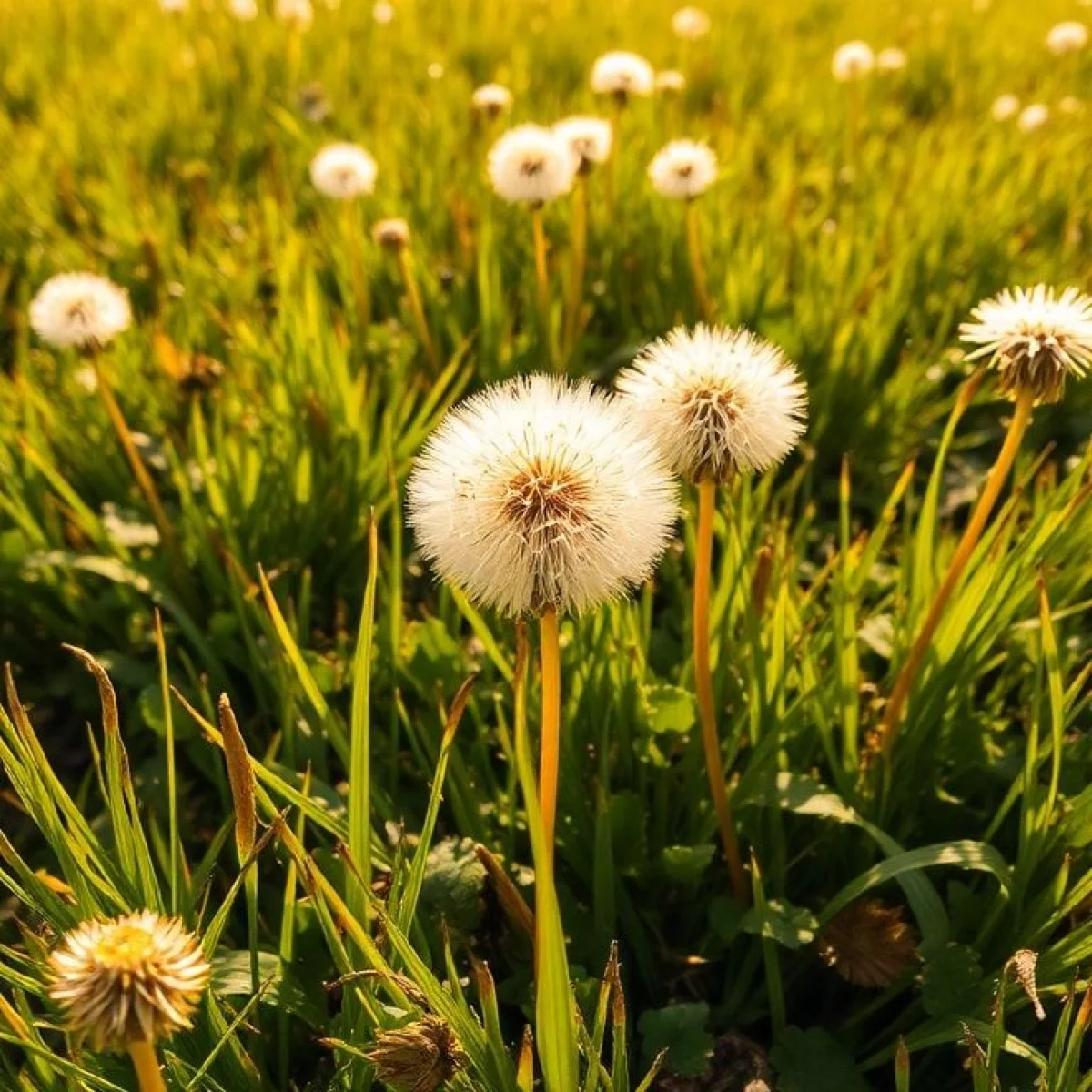 Złote pole mniszk&oacute;w lekarskich, zdrowe korzenie i liście, żywe, naturalne światło.