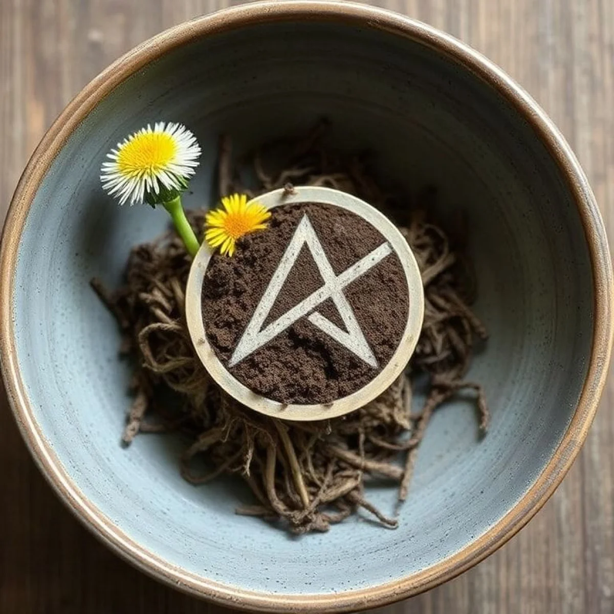 Korzeń i kwiat mniszka lekarskiego w misce, z nałożonym symbolem ostrzeżenia.